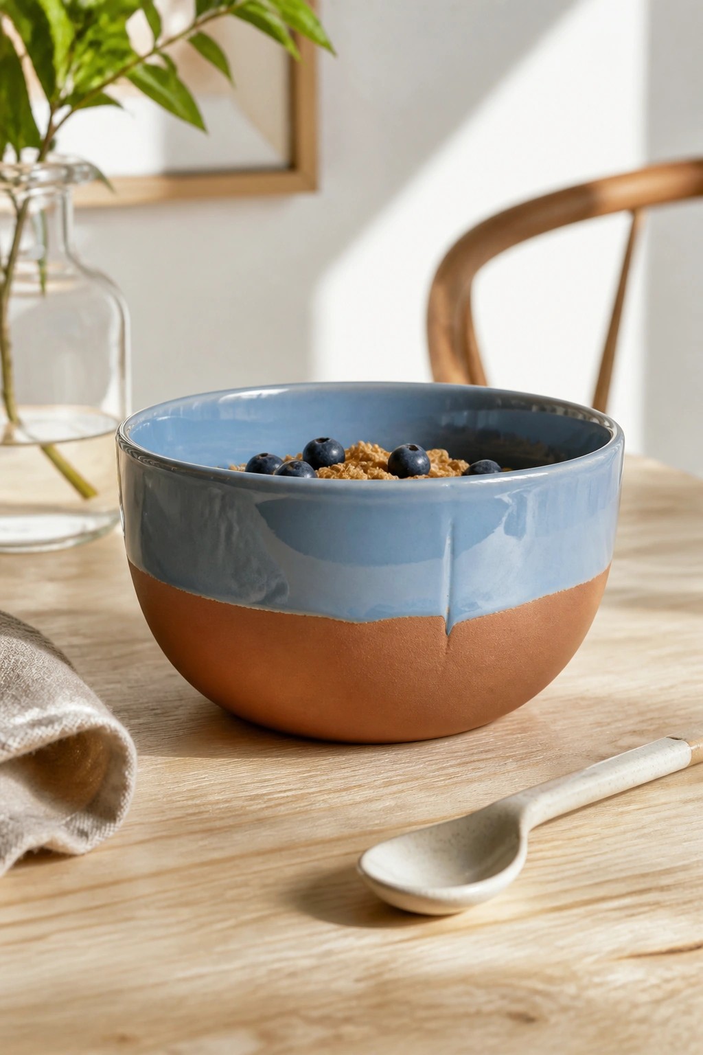Two-toned blue and terracotta bowl of blueberries and granola beside a spoon on wood table