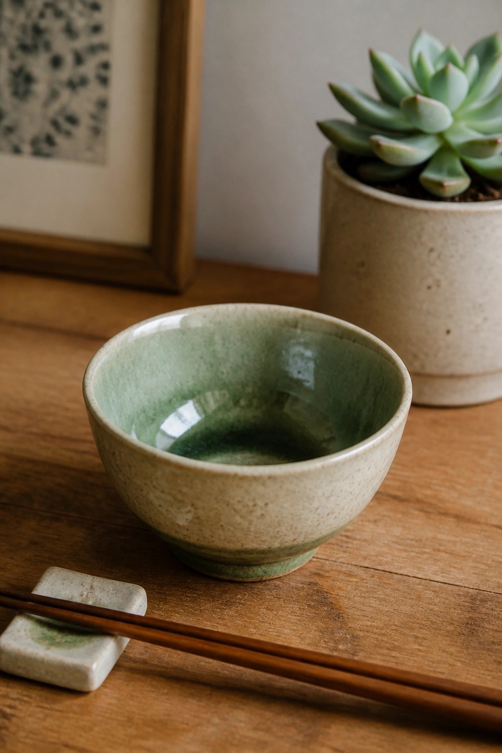 Green ceramic bowl with chopsticks on wooden table near potted succulent and frame