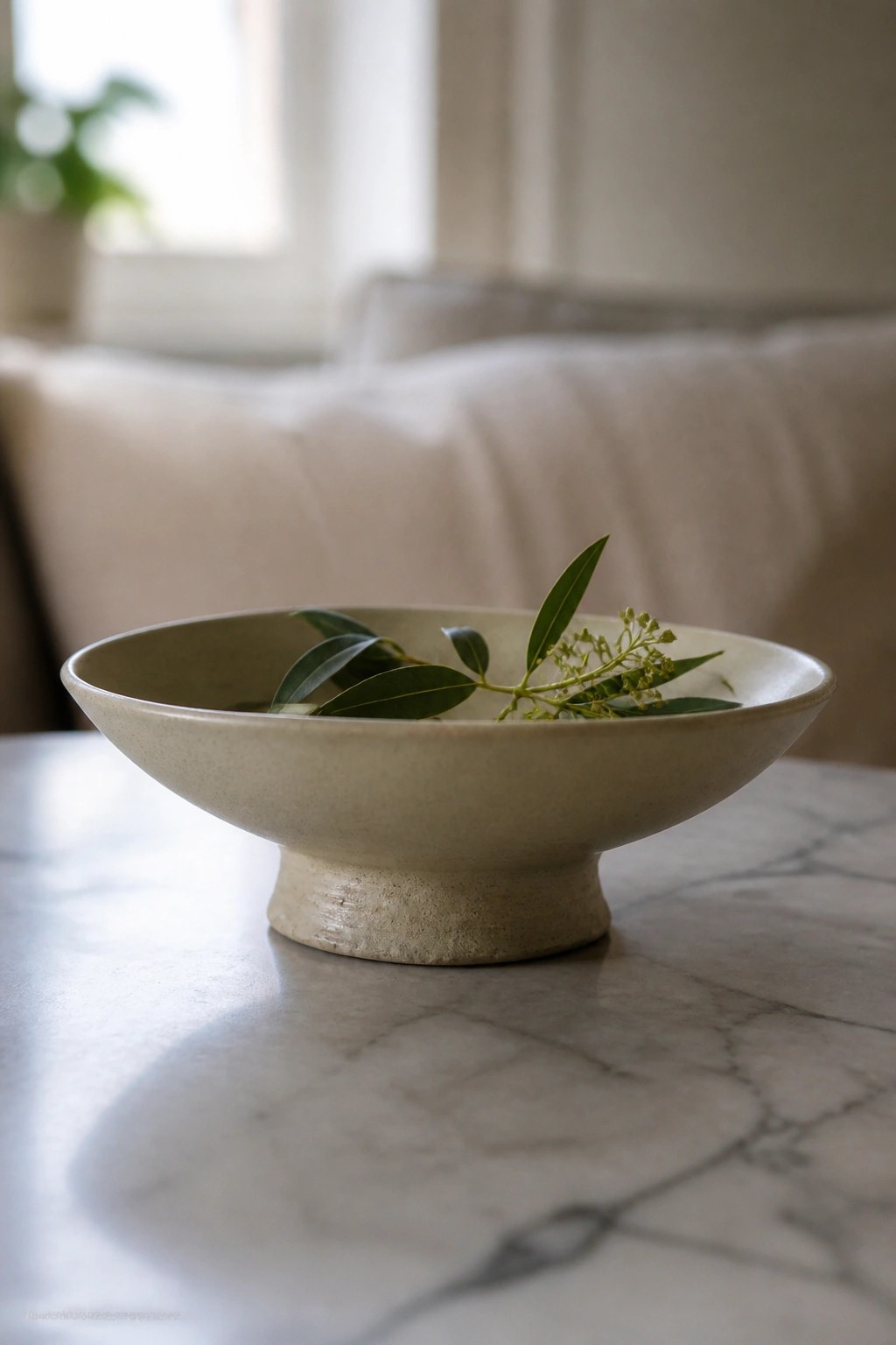 A light beige ceramic bowl with a pedestal base sits on a marble table holding a small branch with green leaves and tiny yellow flowers.