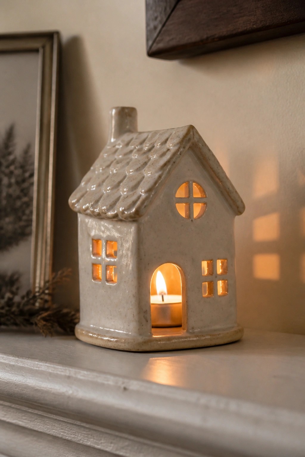 Ceramic house candle holder with lit tea light glowing through windows and door.