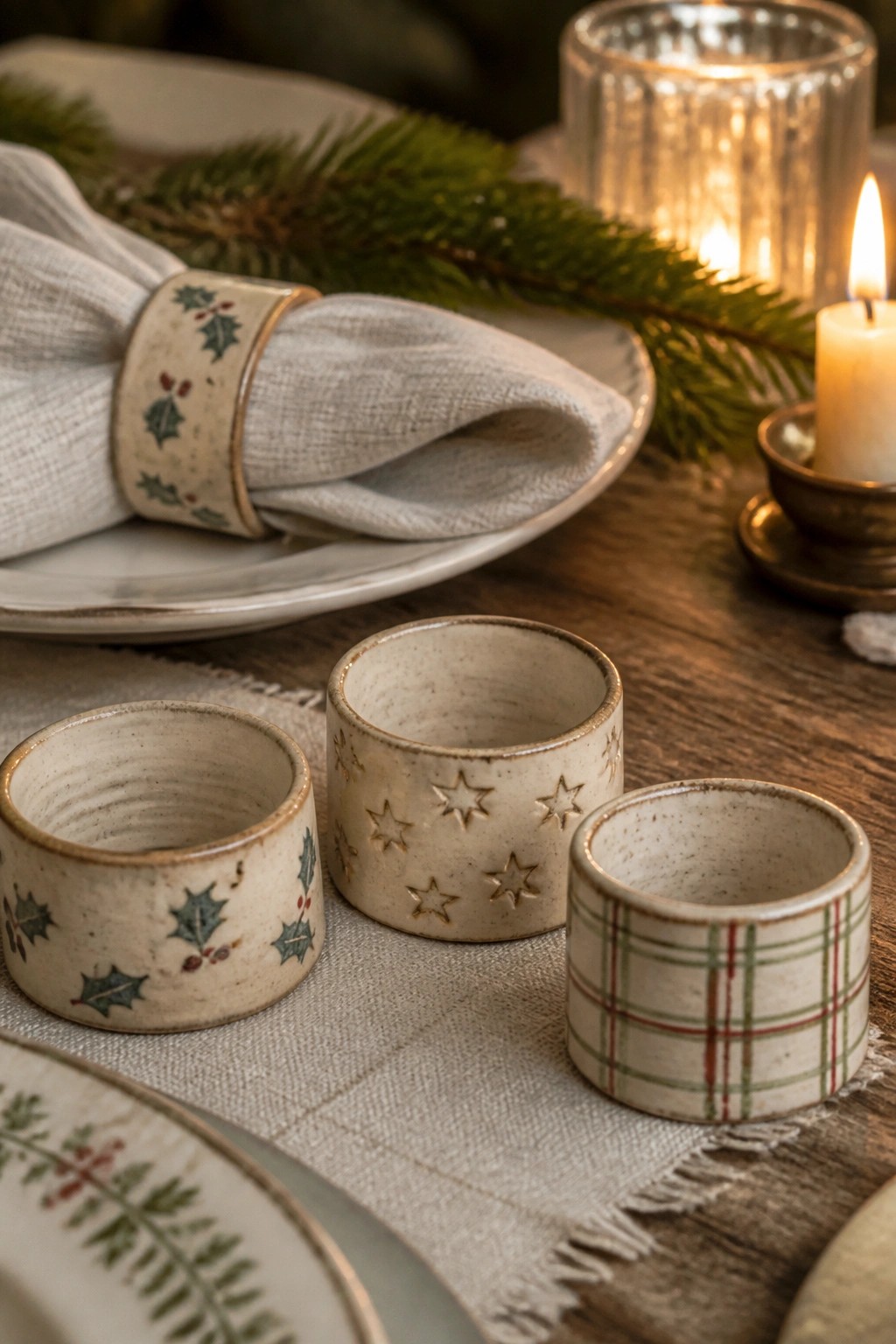 Three festive ceramic napkin rings with holly, stars, and plaid patterns on a table.