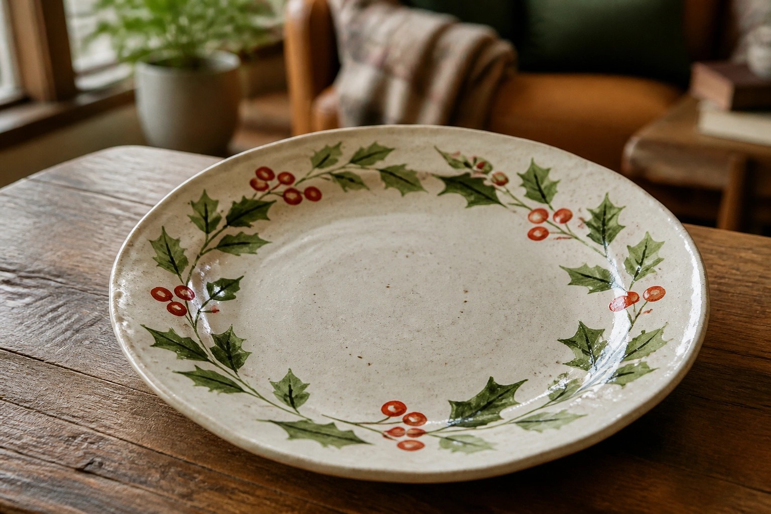 White plate with holly leaves and red berries wreath on wooden table