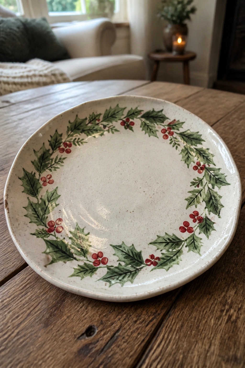 White plate with holly leaves and red berries wreath on wooden table