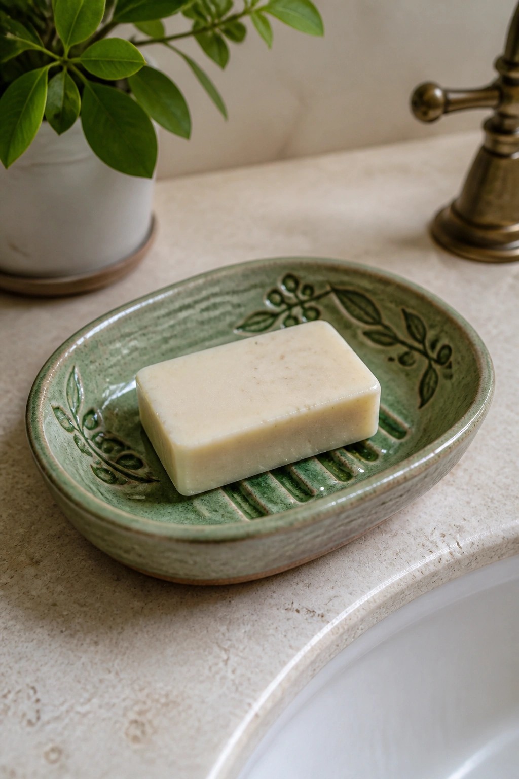 Pale soap bar in green ceramic dish with leaf designs on marble bathroom counter