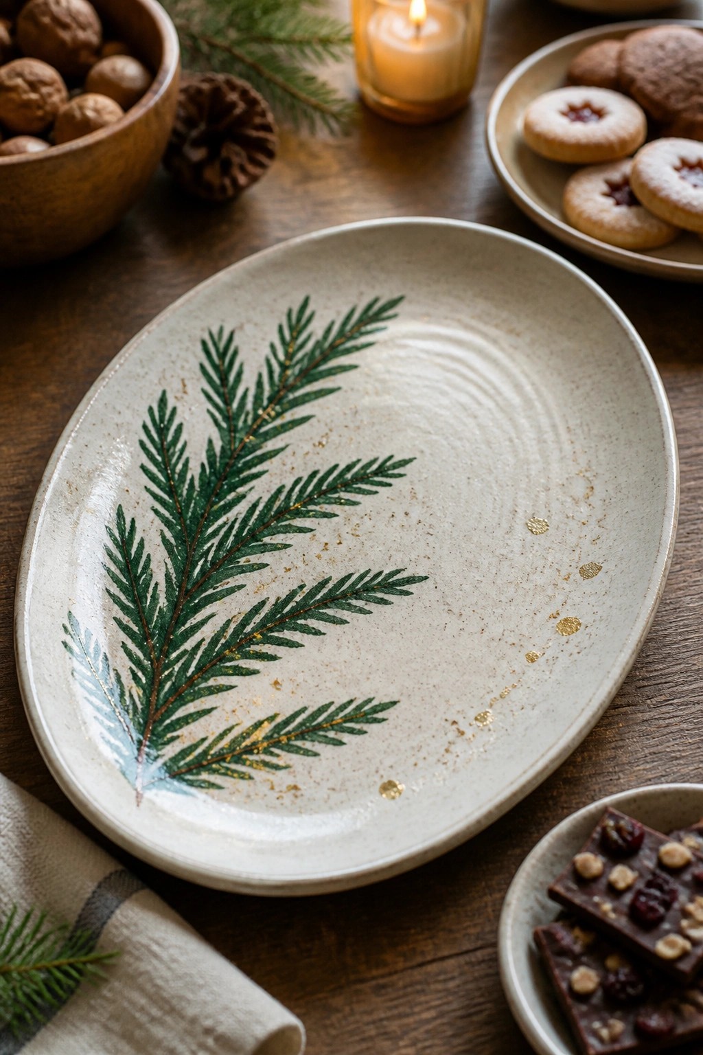 Oval ceramic plate with green pine branch and gold accents on wooden table