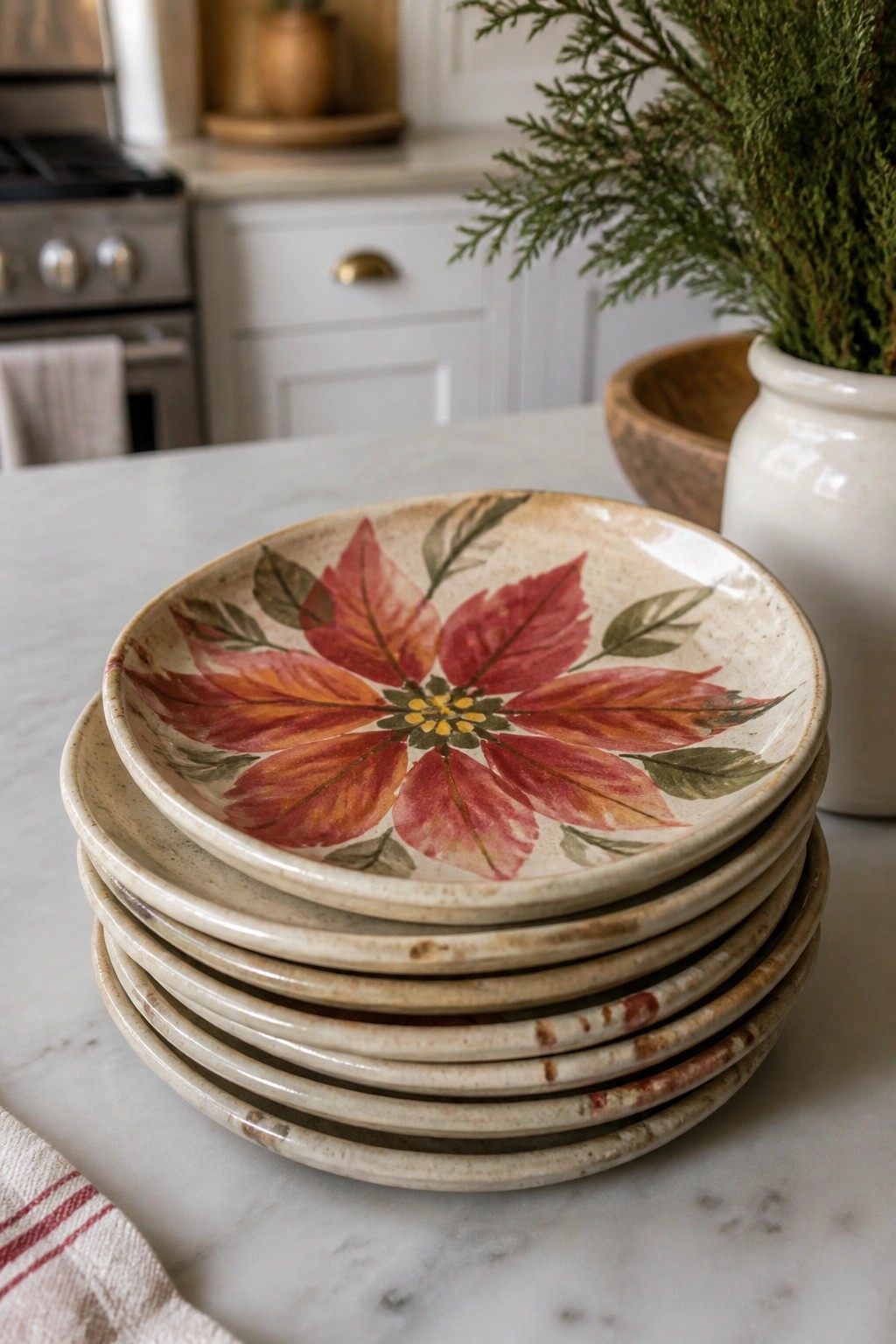 Stacked ceramic plates with red poinsettia floral design on marble kitchen counter