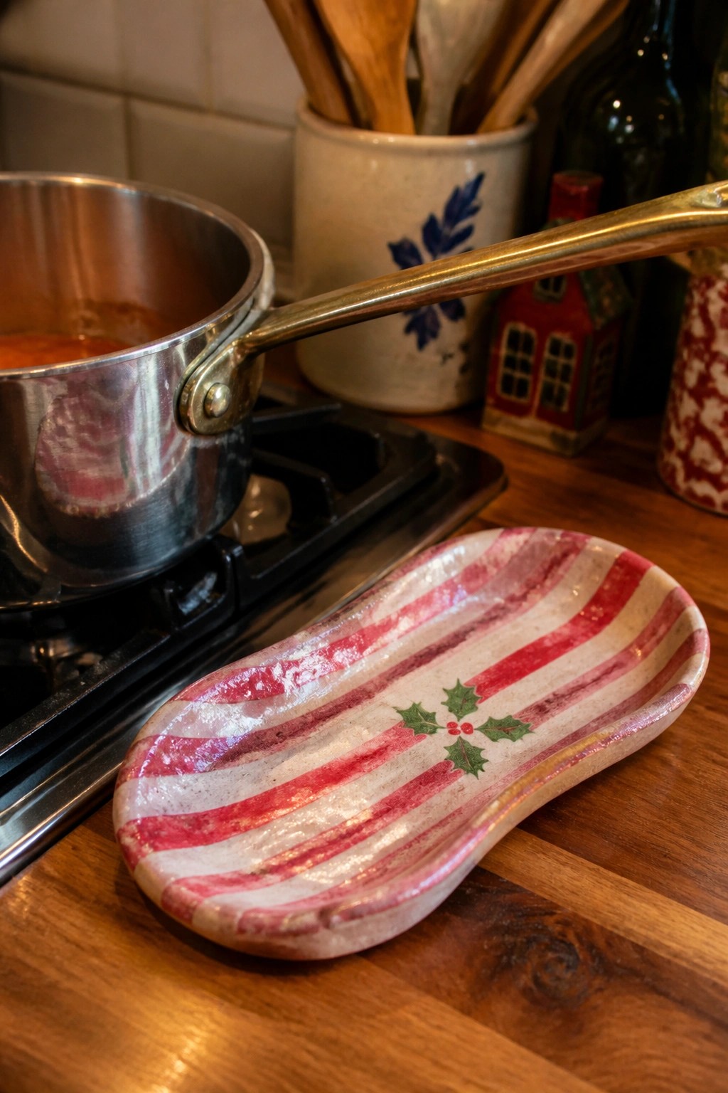 Metal pot on stove beside red-striped spoon rest with holly on wood counter.