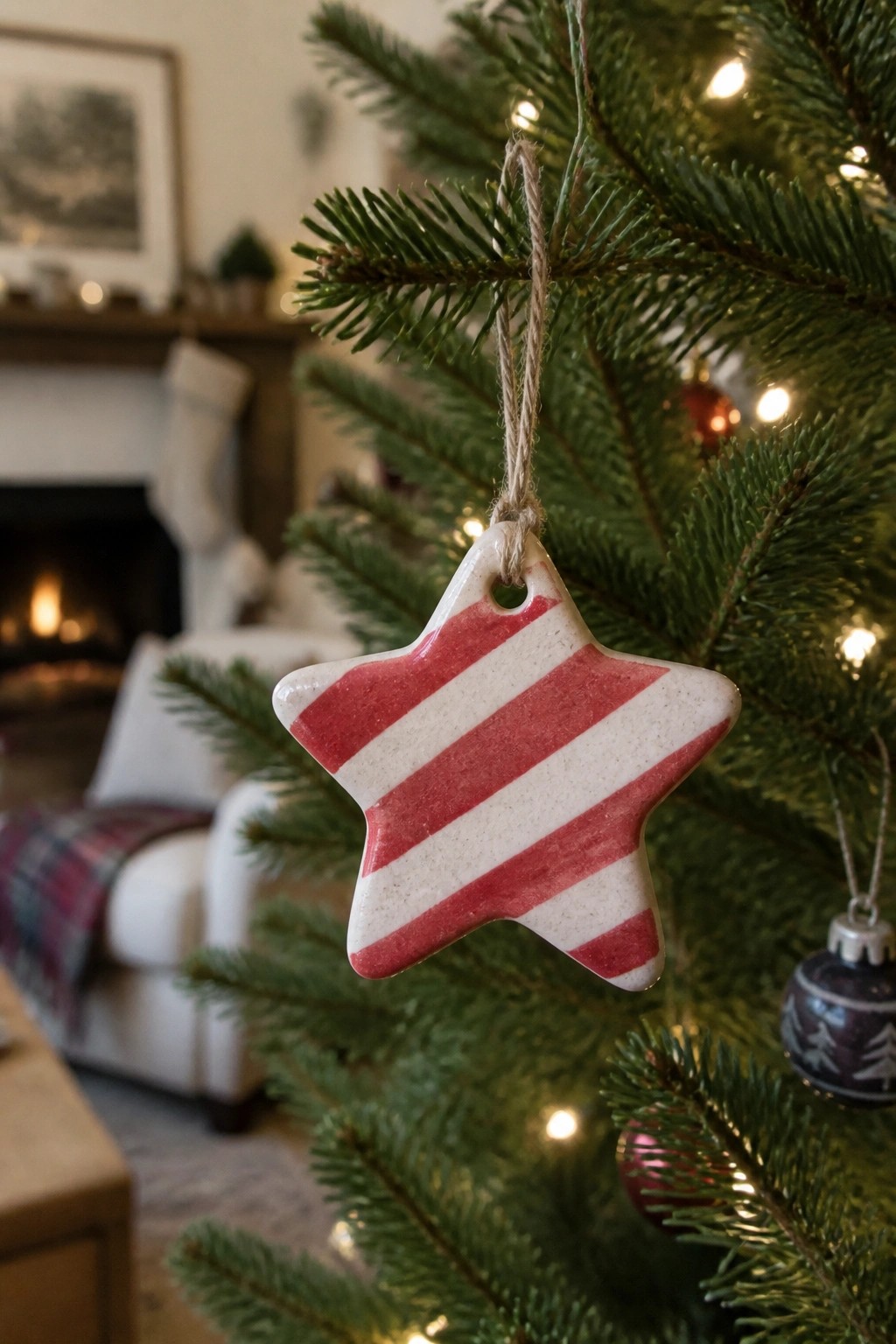 A ceramic star ornament with red and white stripes hangs from a Christmas tree branch.