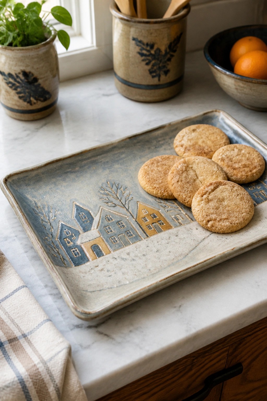 Sugar-dusted cookies on blue ceramic tray with village scene on marble counter