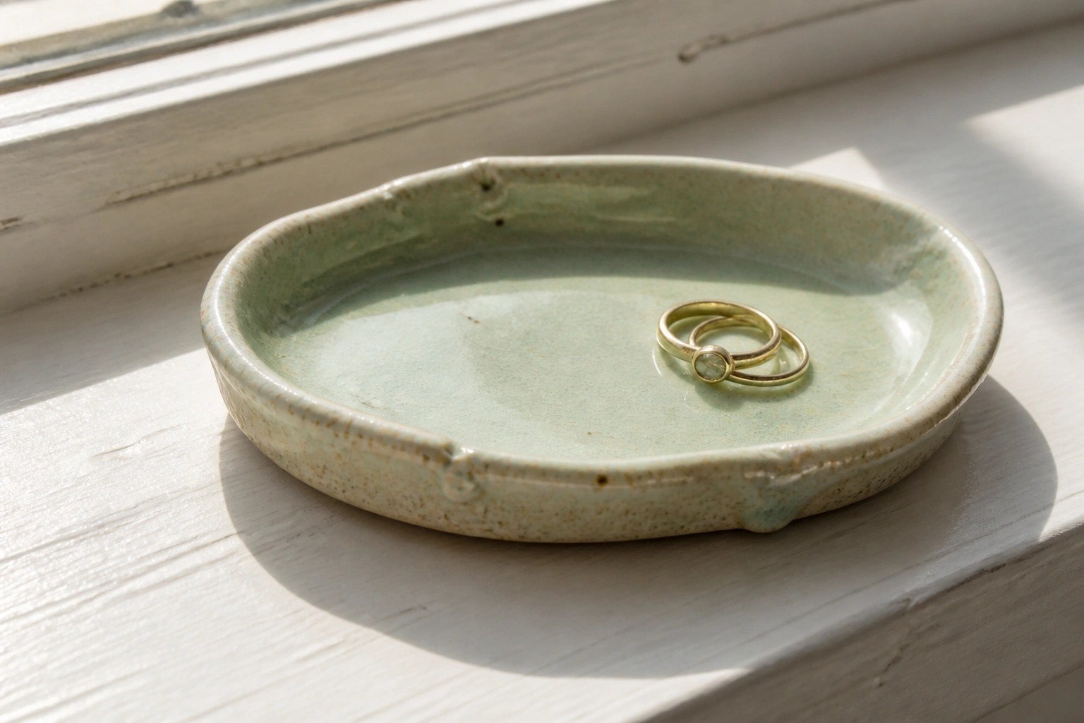 Two rings rest in a speckled light green ceramic bowl on a windowsill.
