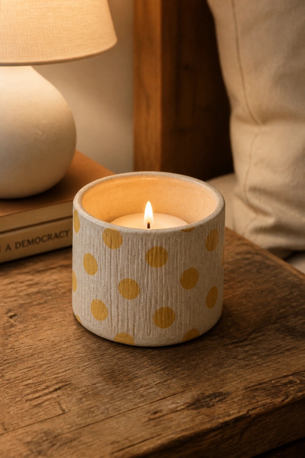 Lit candle in gold polka-dot holder on wooden table near white lamp