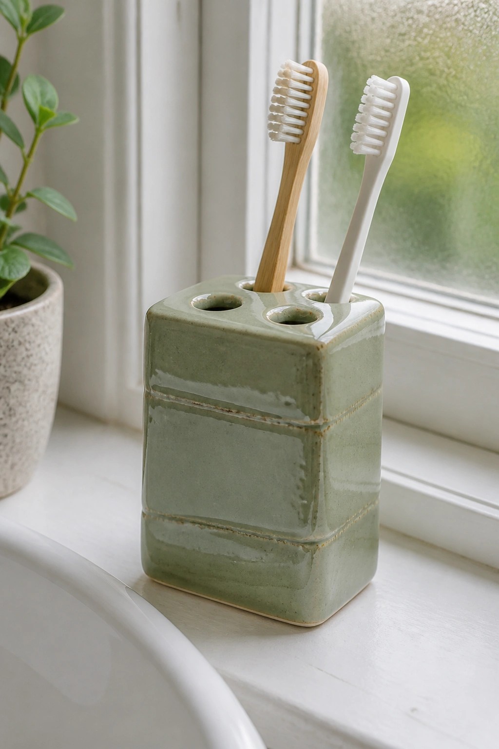 Green ceramic toothbrush holder with bamboo and white brushes on windowsill