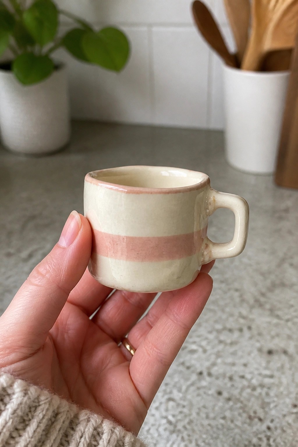 Hand in beige sweater holding small cream mug with pink stripe and handle.