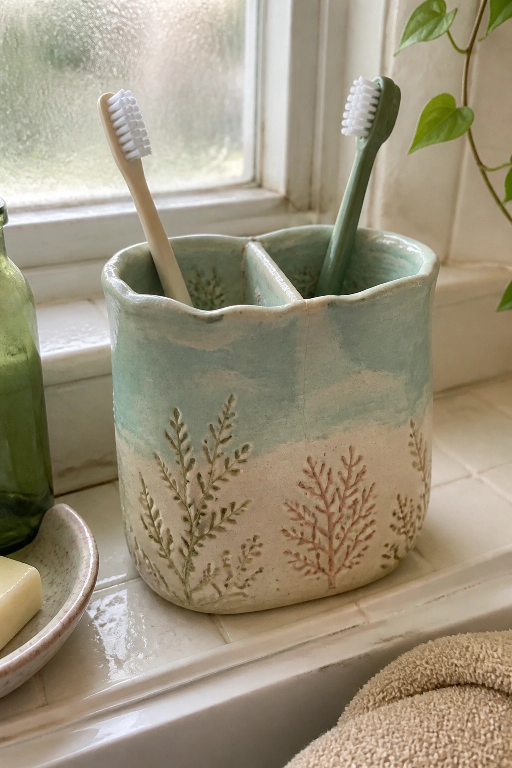 Two toothbrushes in a blue-green ceramic holder with embossed plants on a windowsill.