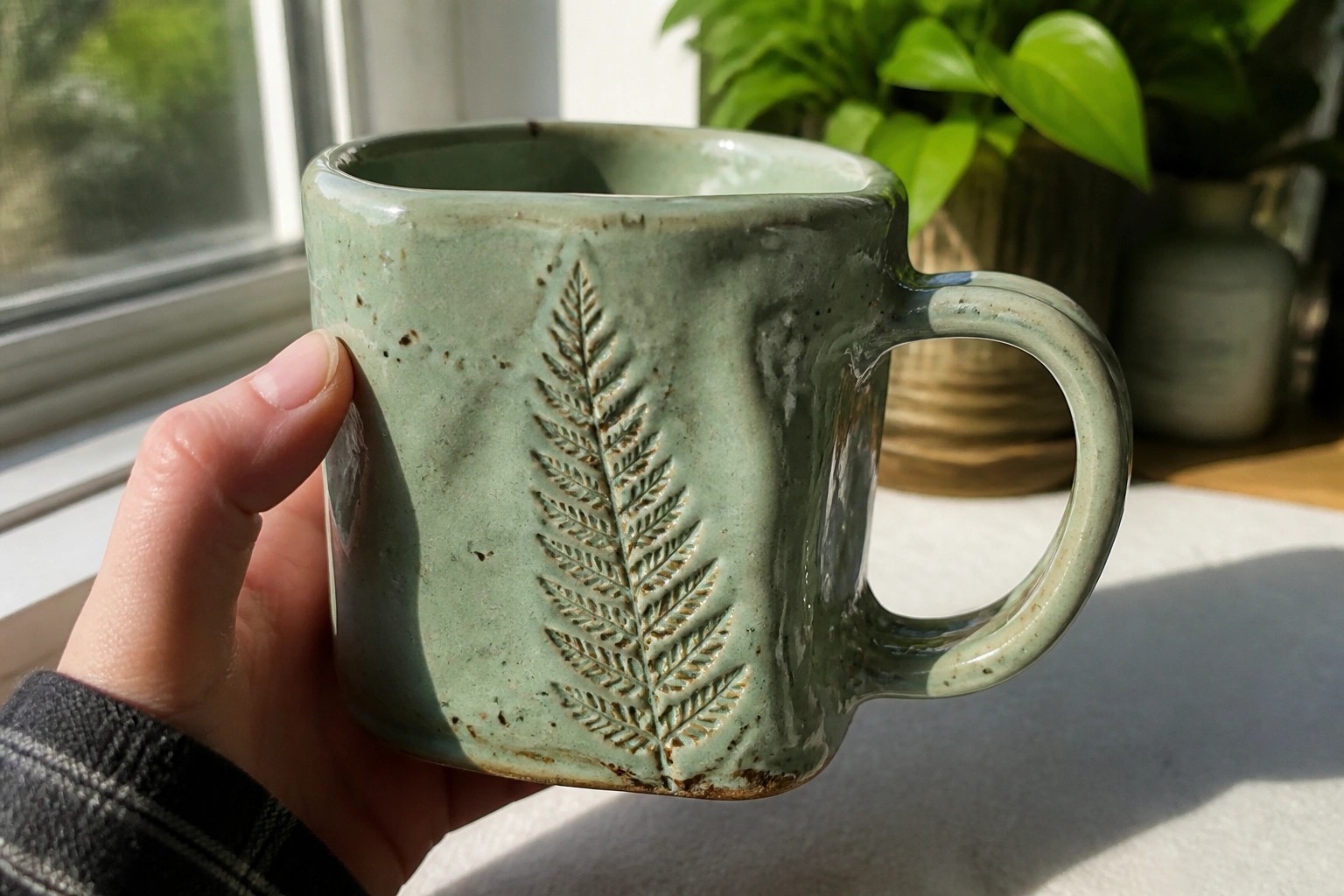 Hand with gold ring holding pale green ceramic mug with fern imprint near window