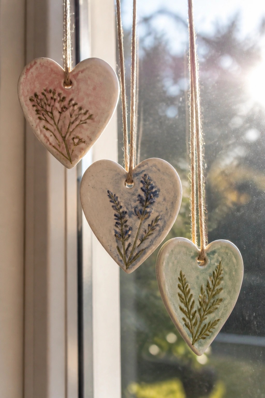 Three ceramic hearts with floral imprints hanging on strings by sunlit window