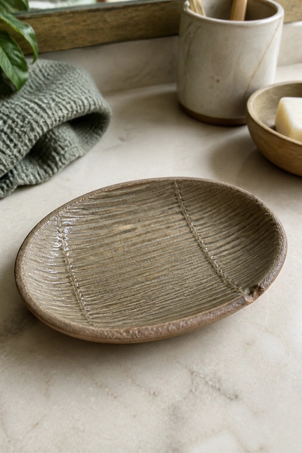 Textured oval ceramic dish on marble with green towel, soap bowl, and pottery nearby
