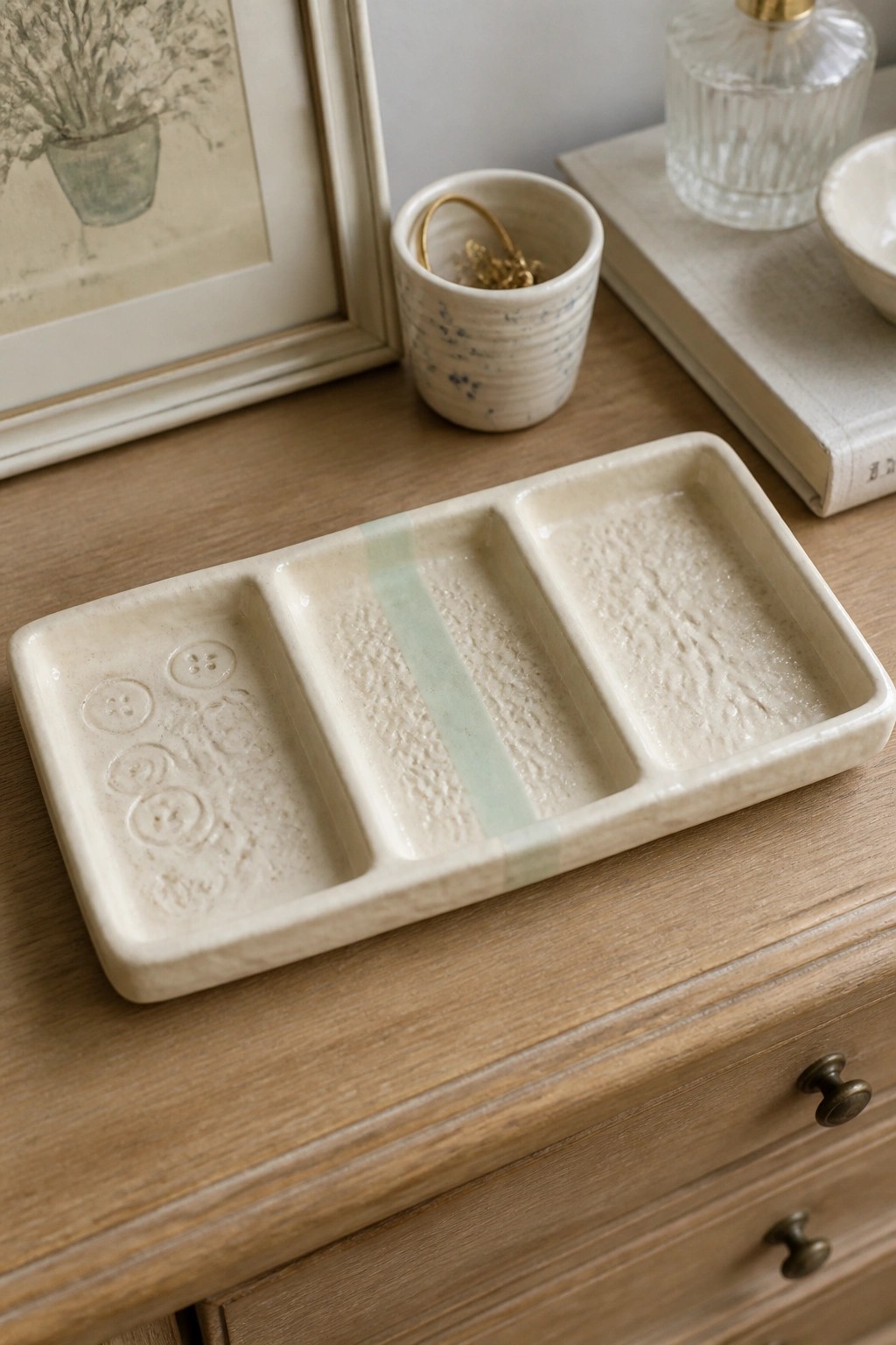 Cream ceramic tray with button imprints and green stripe on wooden dresser