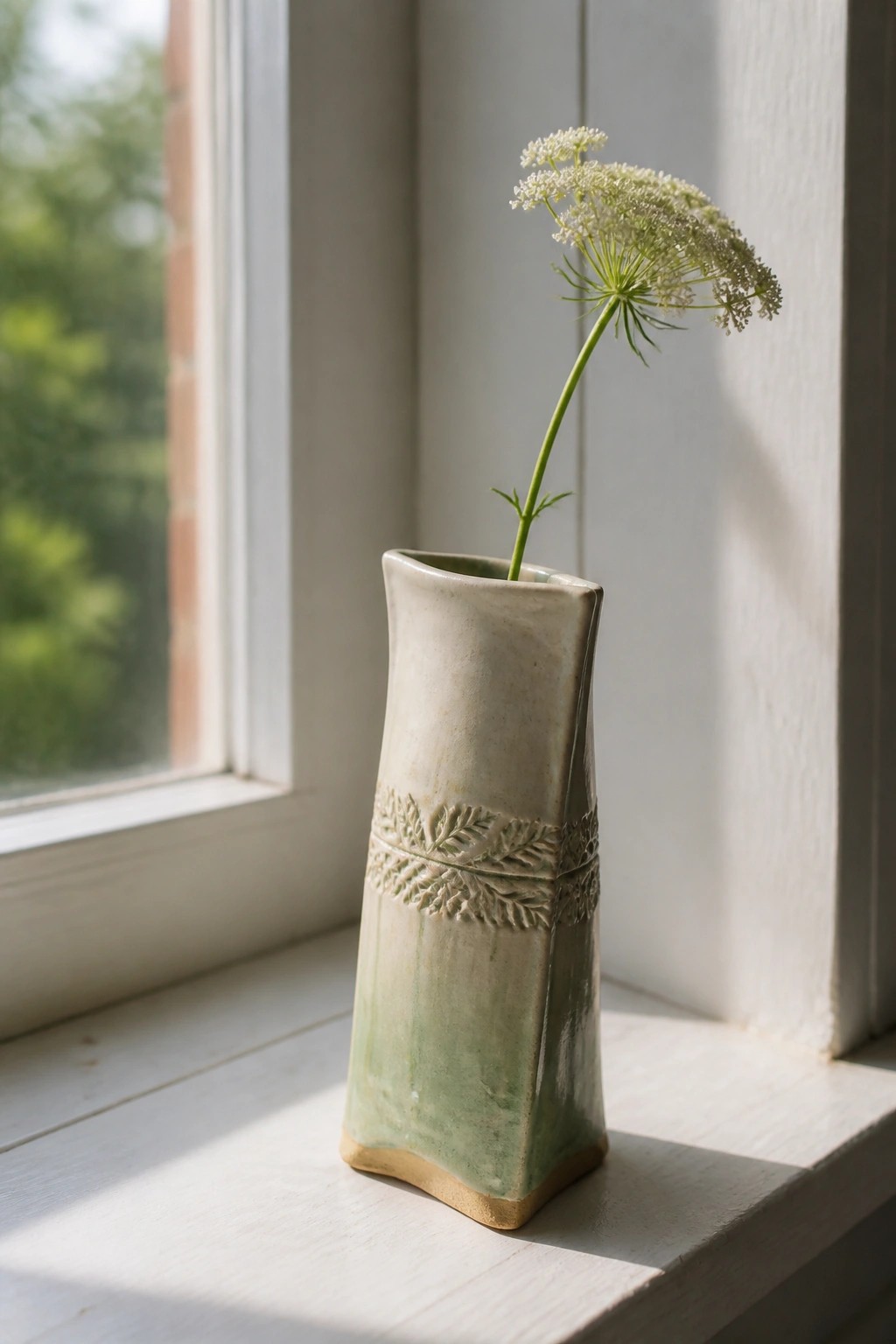 Tall green ceramic vase with embossed leaves holding white wildflower on windowsill