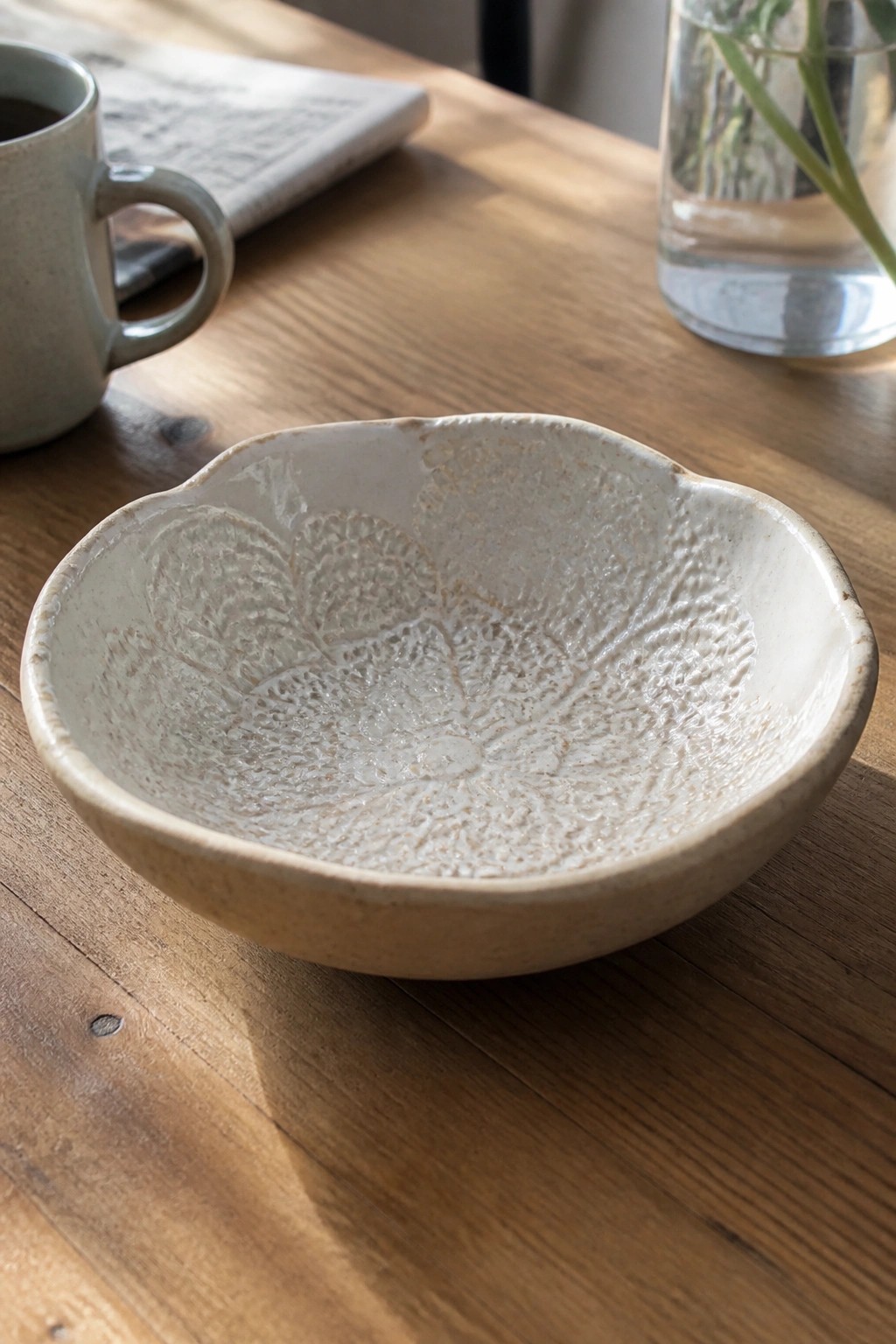 Embossed white ceramic bowl on wooden table with mug, newspaper, and glass vase