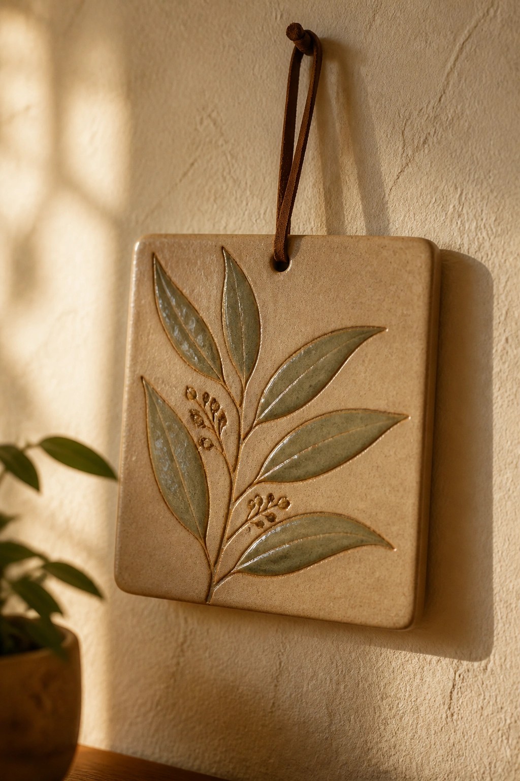 Square beige ceramic tile with green leaf relief hung by leather strap on sunlit wall
