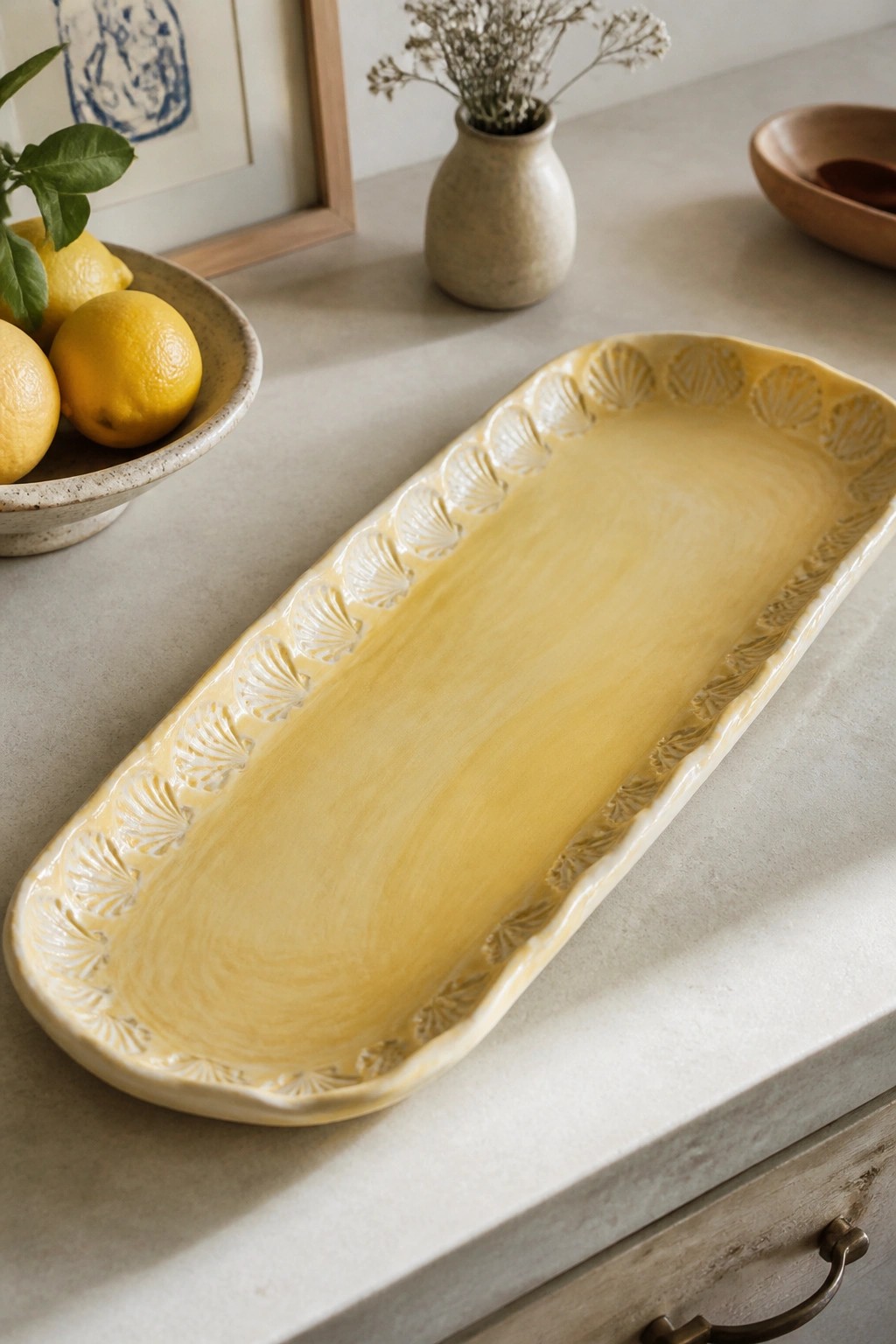 Yellow ceramic tray with seashell border beside lemons and vase on countertop
