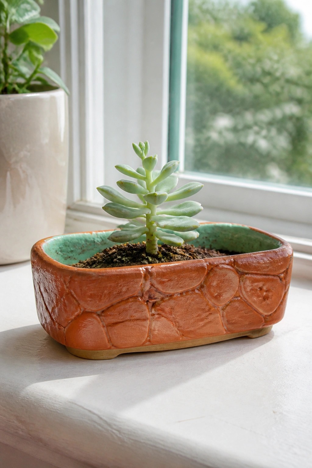 A small rectangular clay planter with a stone-like textured exterior and turquoise interior holds a green succulent on a windowsill.