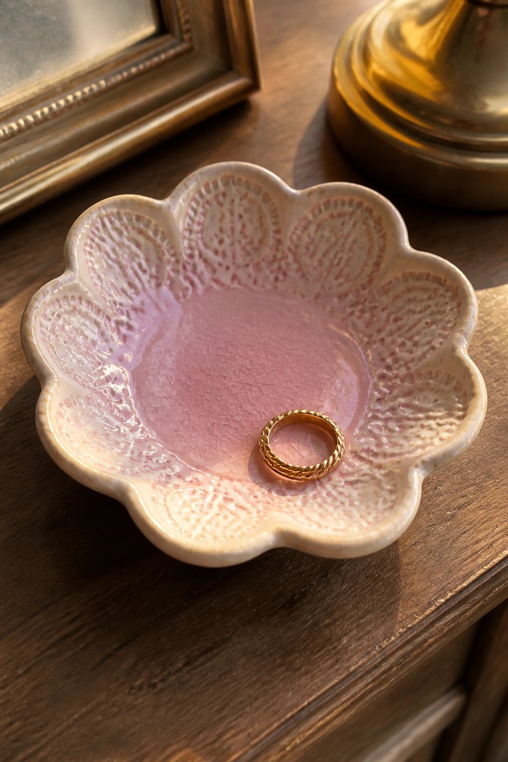Pink flower-shaped ceramic bowl with gold ring on wooden table