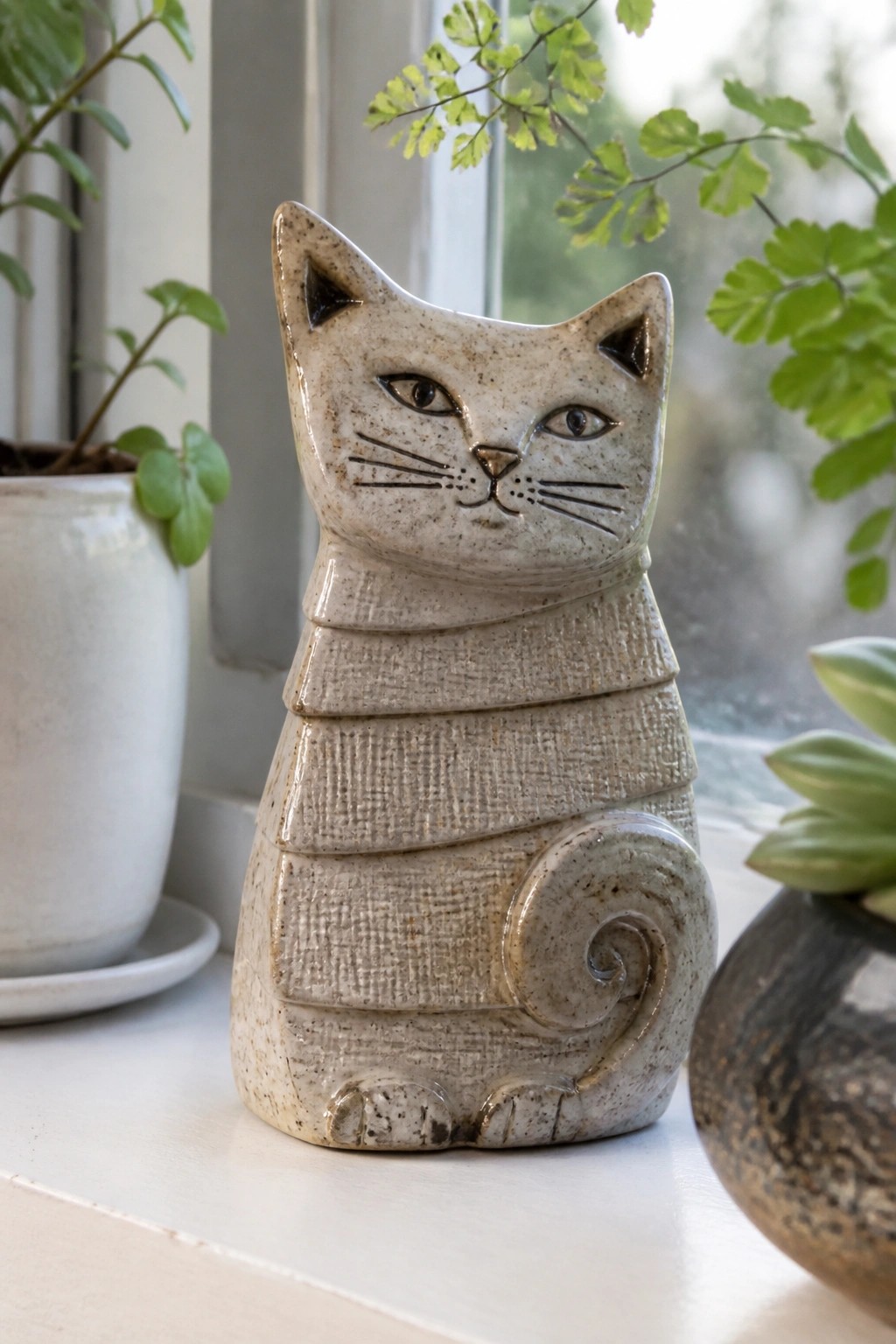 Beige ceramic cat figurine with striped body and curled tail on windowsill