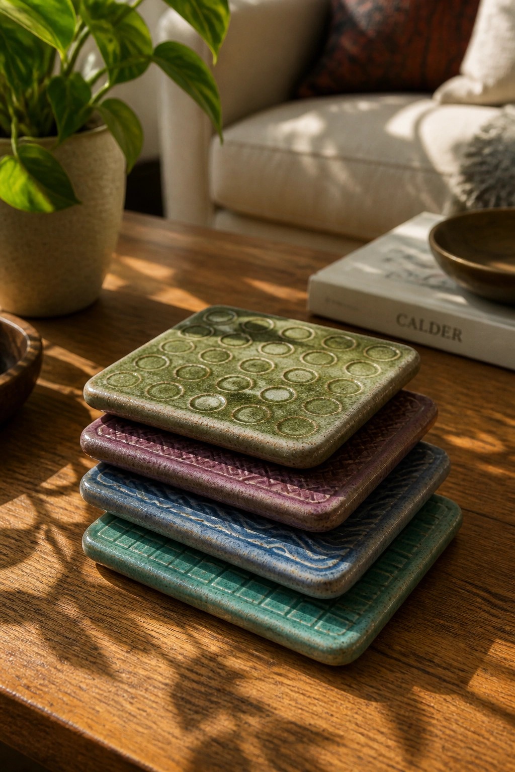 Stack of four square ceramic coasters with different impressed patterns and colored glazes on a wooden table.