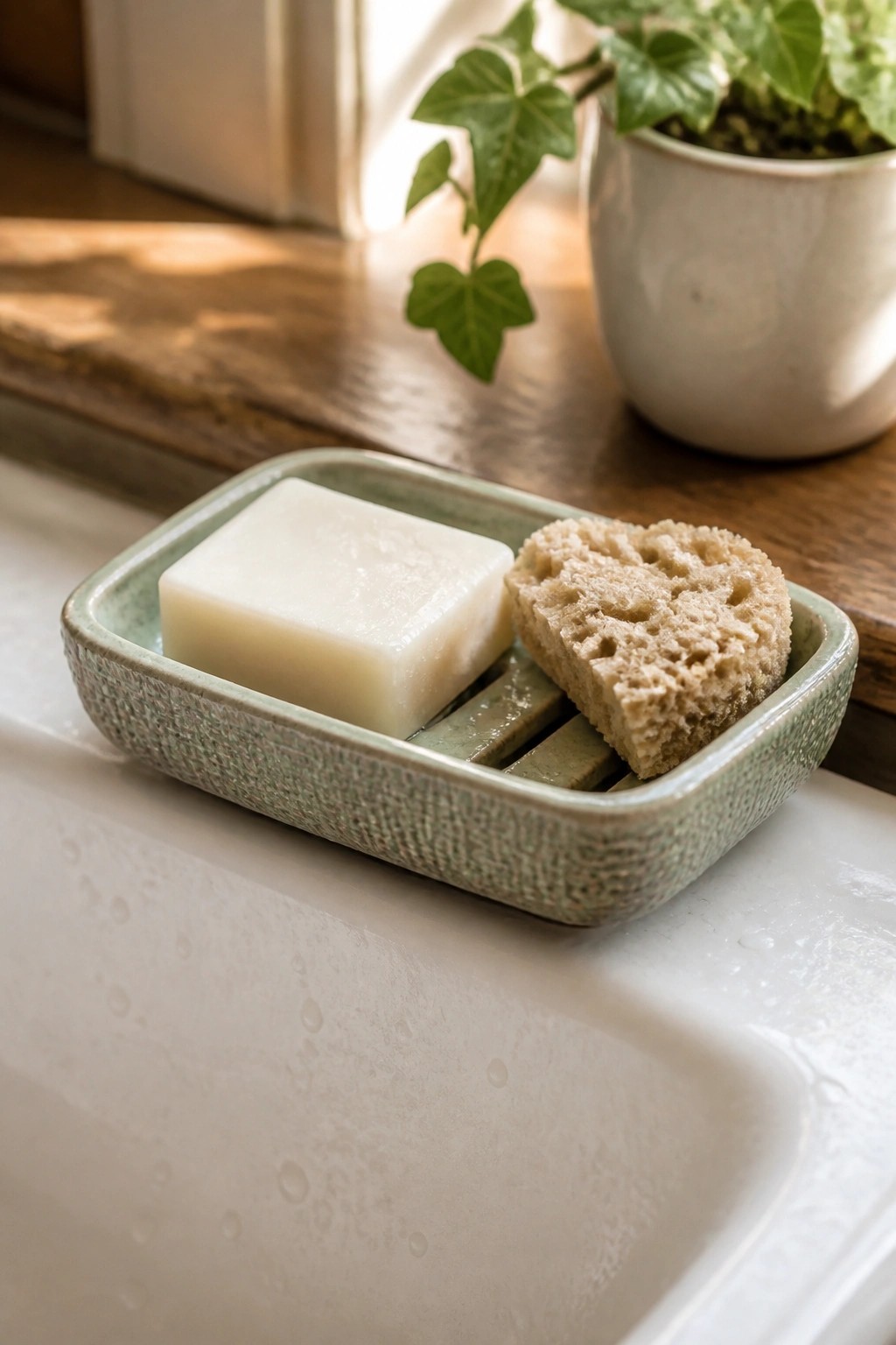 White soap bar and porous sponge in textured green dish on white sink