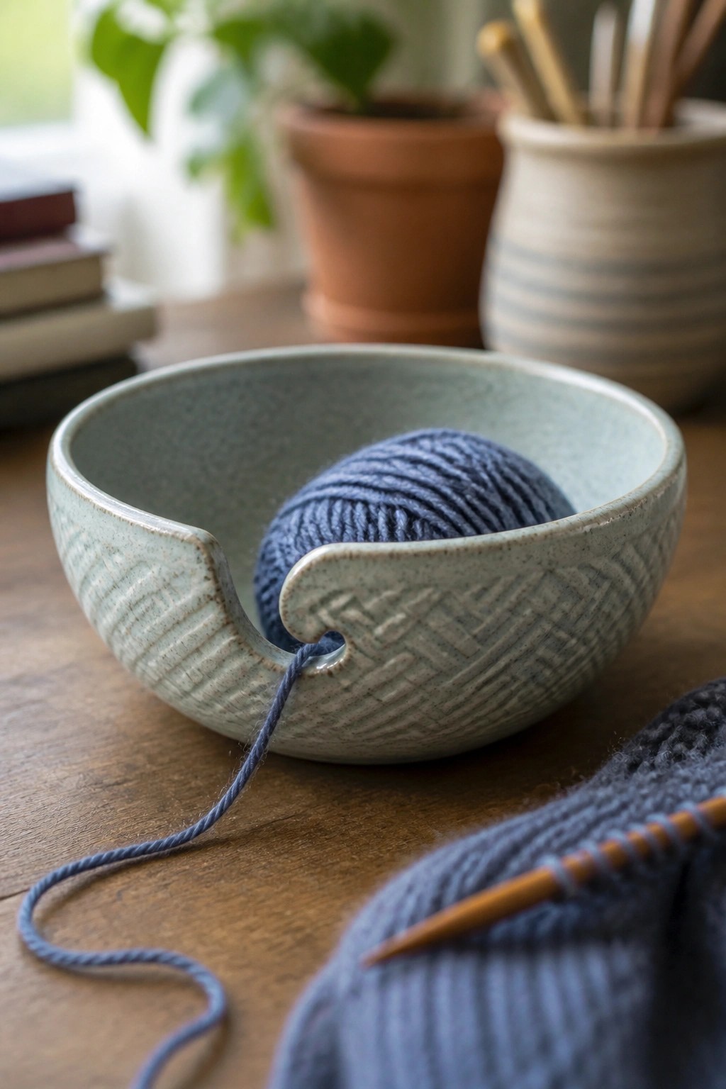 Light blue ceramic yarn bowl with blue yarn and knitting on wood table