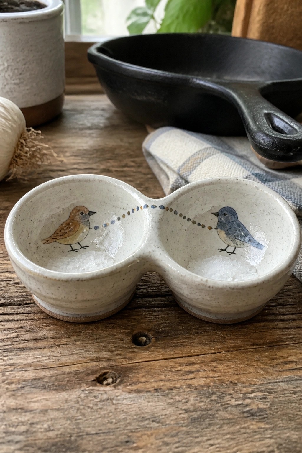Double ceramic bowl with brown and blue bird designs holding salt on wooden table