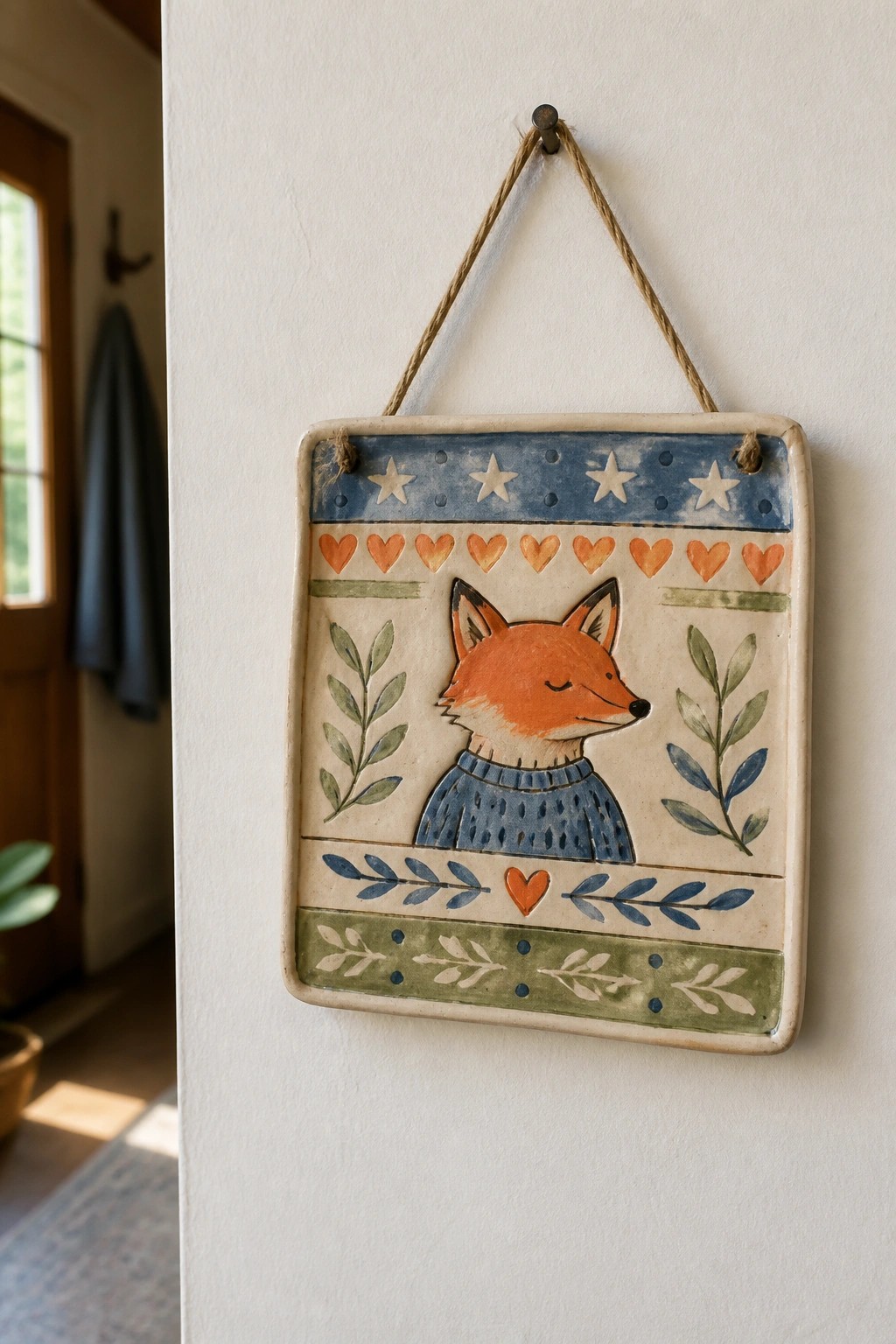 Hanging ceramic tile with fox in blue sweater amid hearts, stars, and leaves