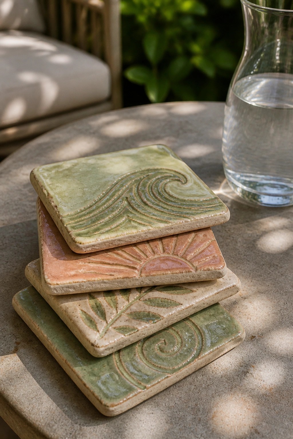 Stacked ceramic tiles with wave, sun, leaf, and swirl patterns on outdoor table