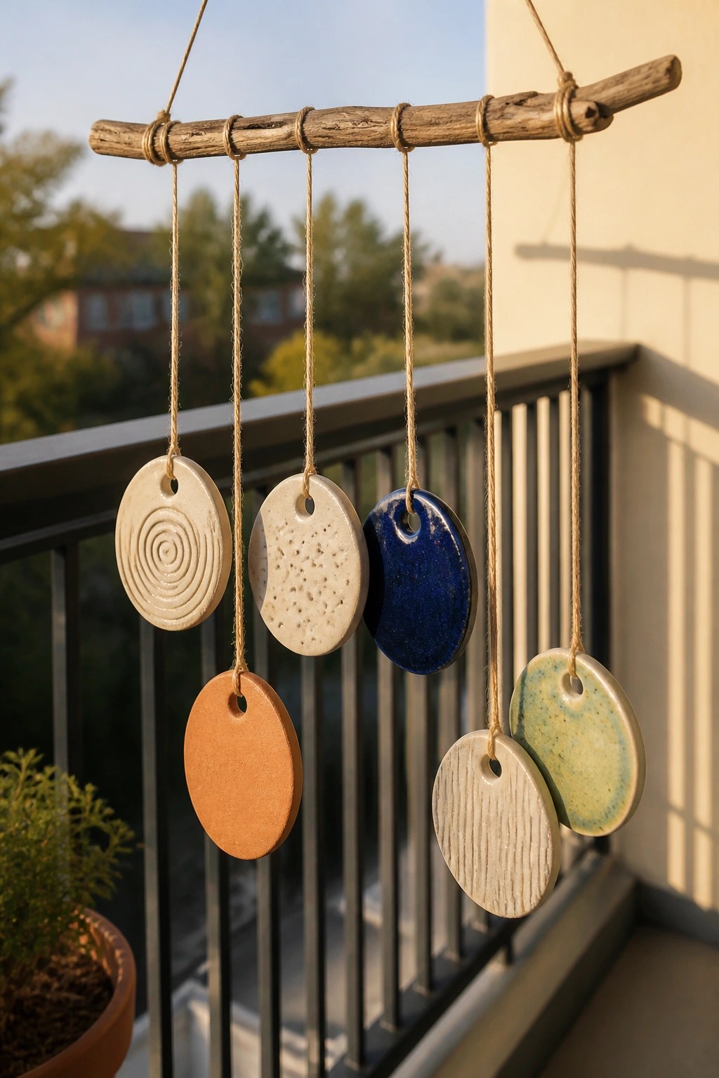 Colorful ceramic discs hanging from strings on a rustic wooden branch outdoors.