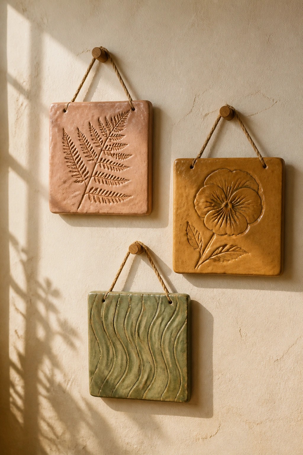 Three ceramic tiles with fern, flower, and wave imprints hanging on a wall