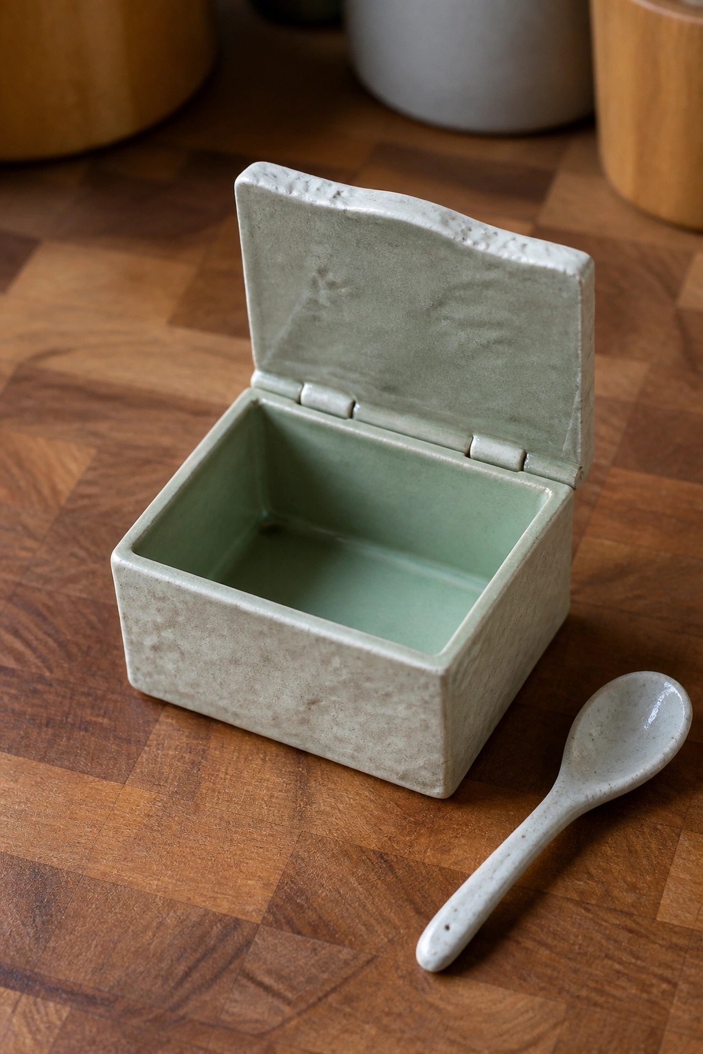 Open light green ceramic box with hinged lid beside small spoon on wood table