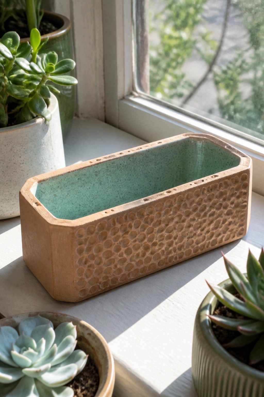 Brown textured rectangular planter with turquoise interior on sunny windowsill with succulents