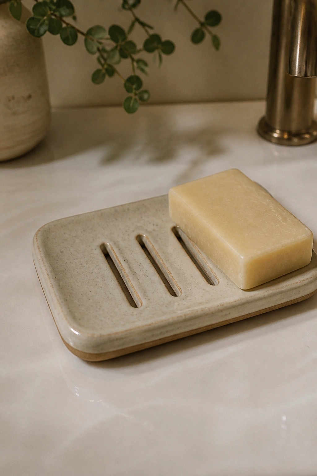 Beige slotted soap dish with pale yellow bar on marble counter