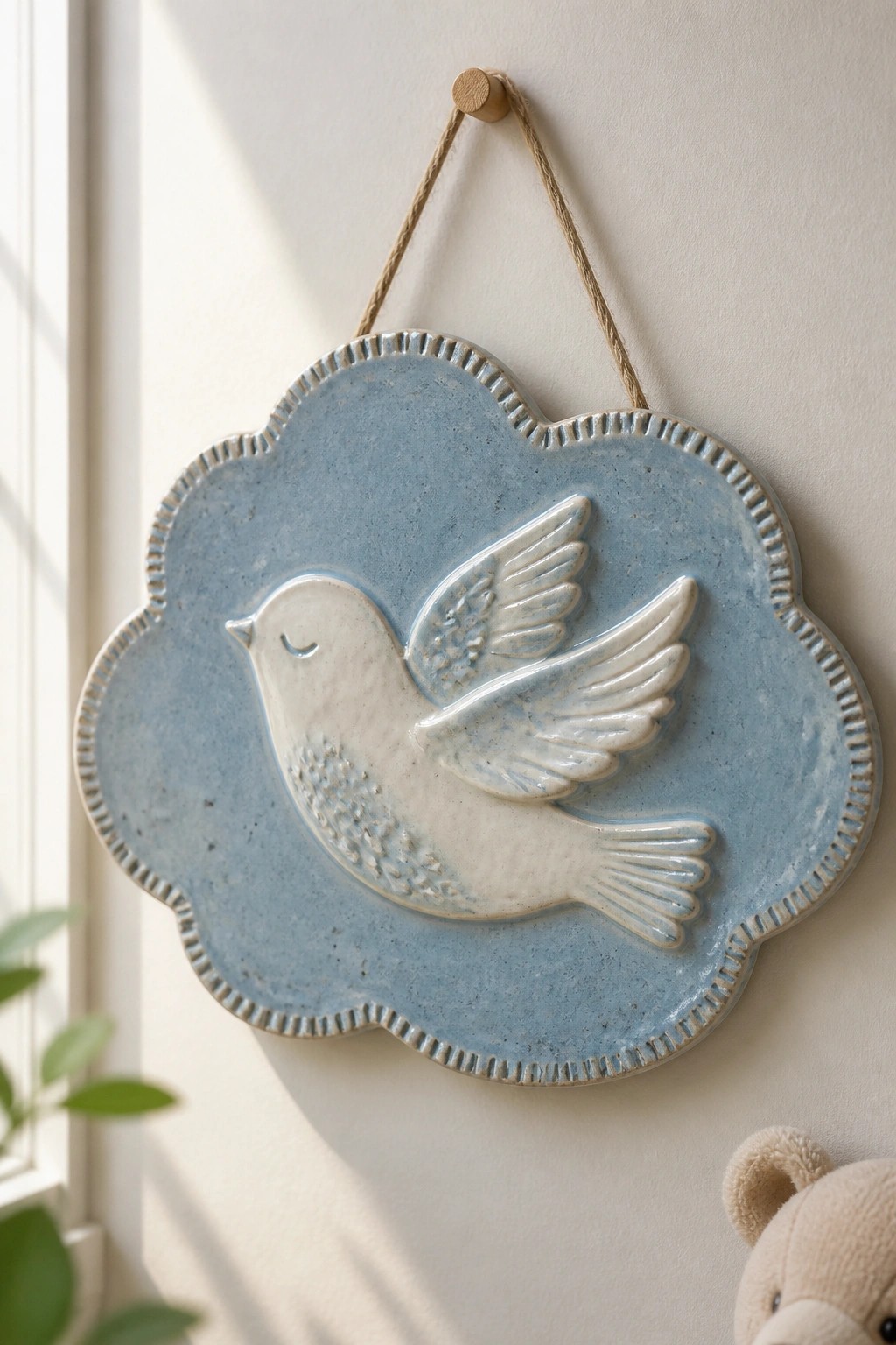 Blue scalloped ceramic plaque with white bird relief hanging by twine on wall.