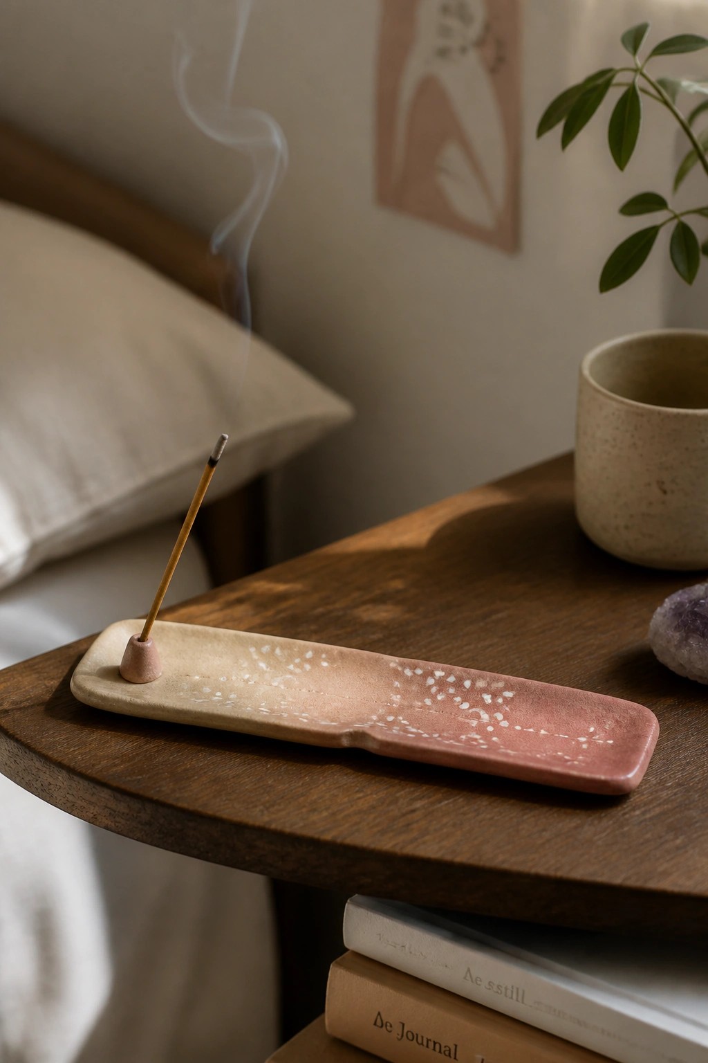 Burning incense in a pink speckled ceramic holder on wooden bedside table