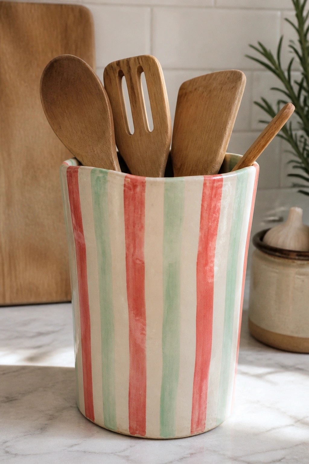 Red and green striped ceramic crock filled with wooden kitchen utensils.
