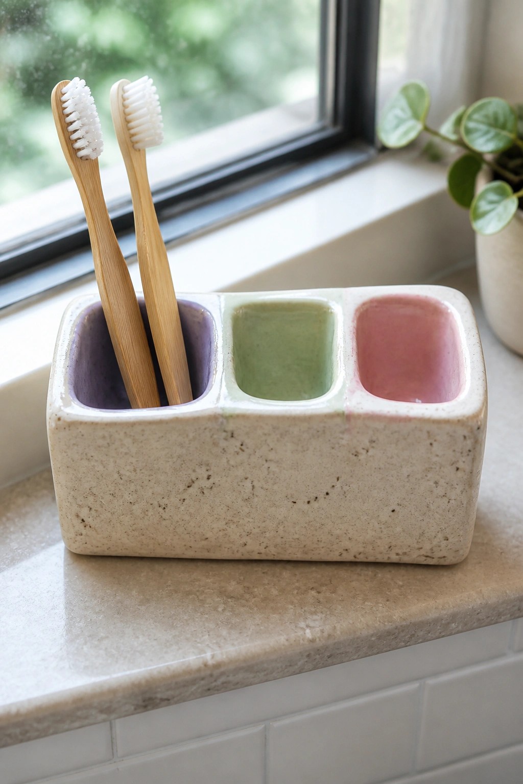 Two bamboo toothbrushes in a speckled ceramic holder with purple, green, and pink sections