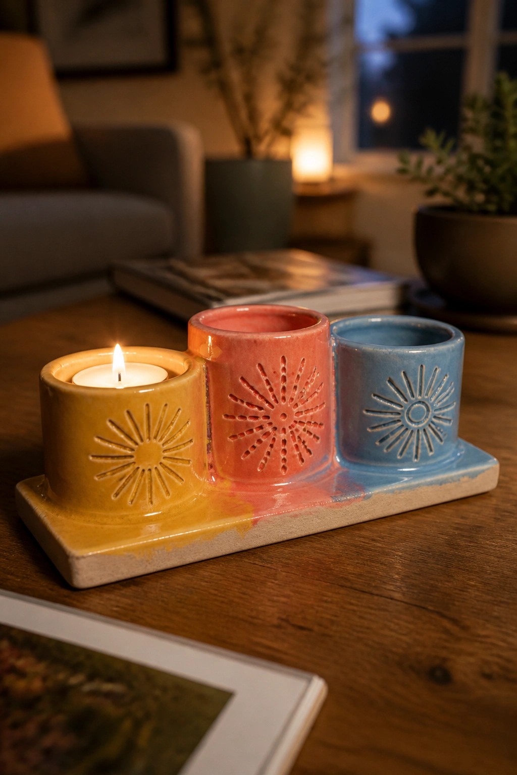 Three colorful ceramic candle holders with sunburst designs, one lit on wood