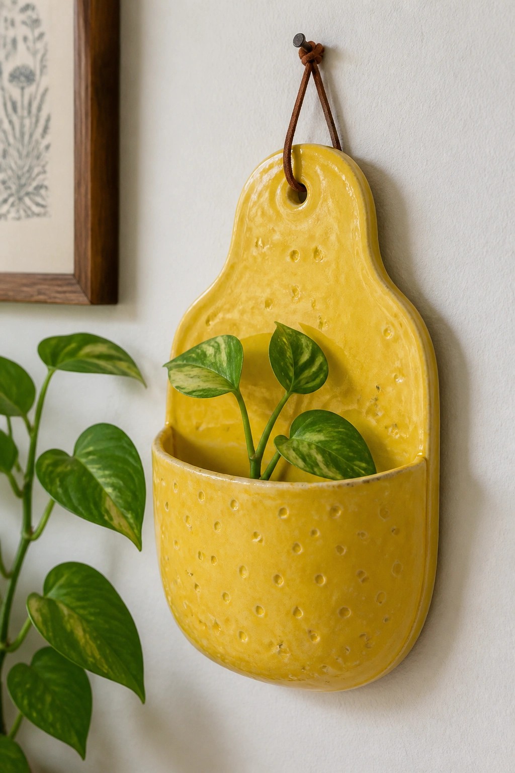 Yellow ceramic hanging planter with dotted texture holding variegated pothos on white wall