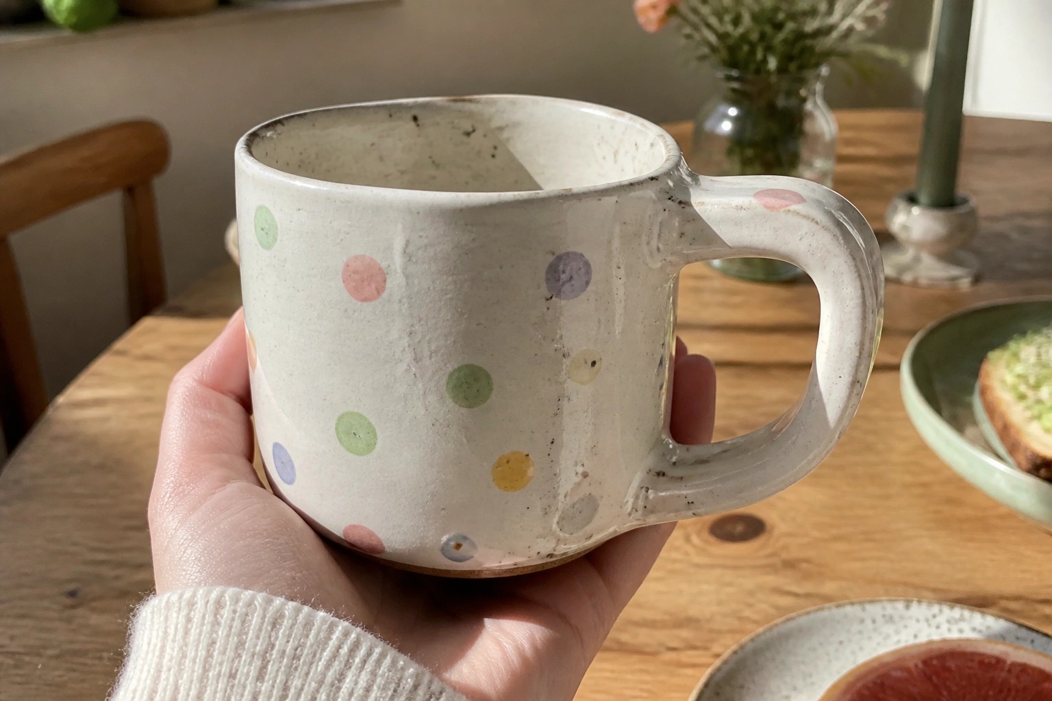 Grey-sleeved hand holding speckled ceramic mug with colorful polka dots