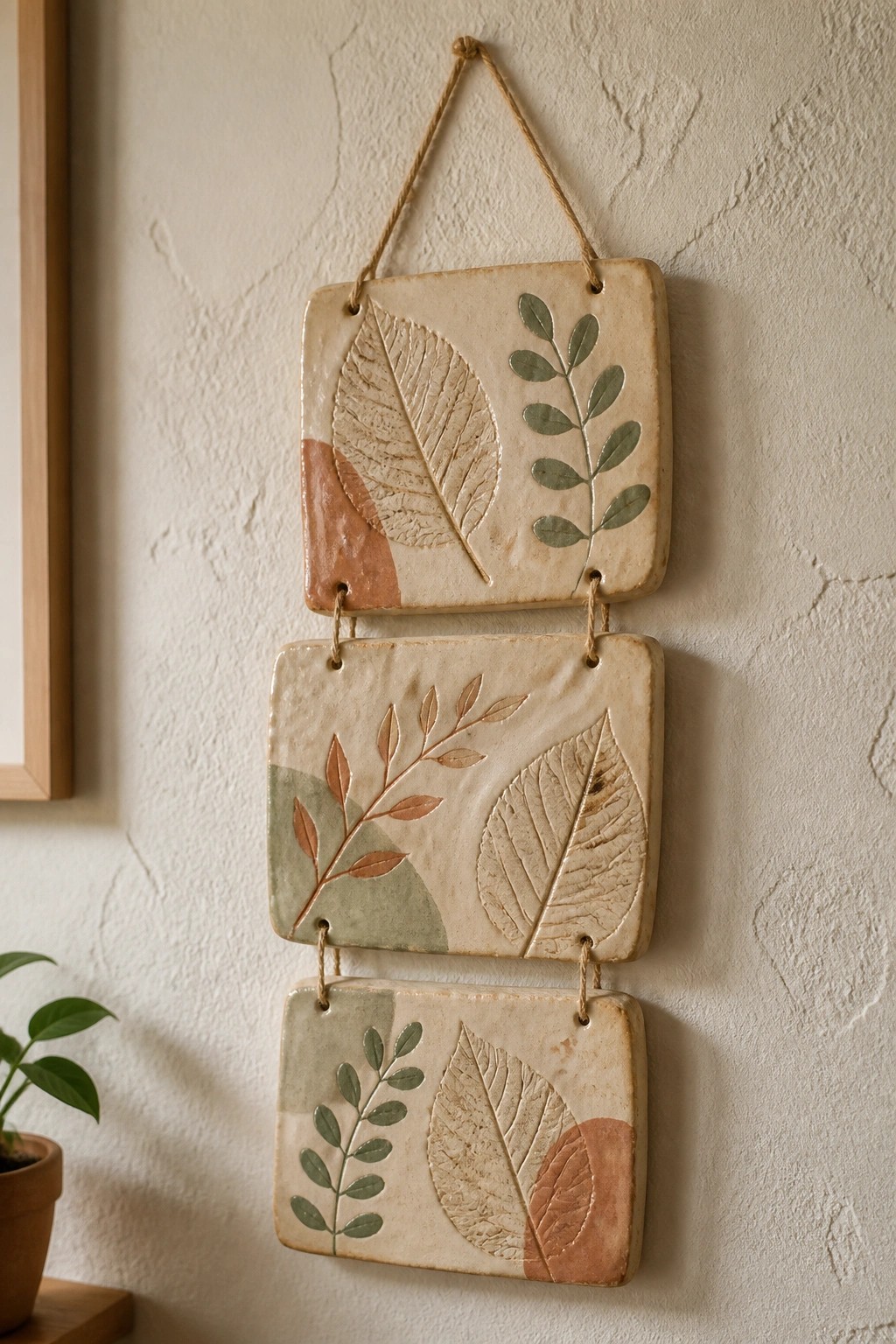 Three ceramic tiles with embossed leaves and earthy accents hang by twine on a wall.