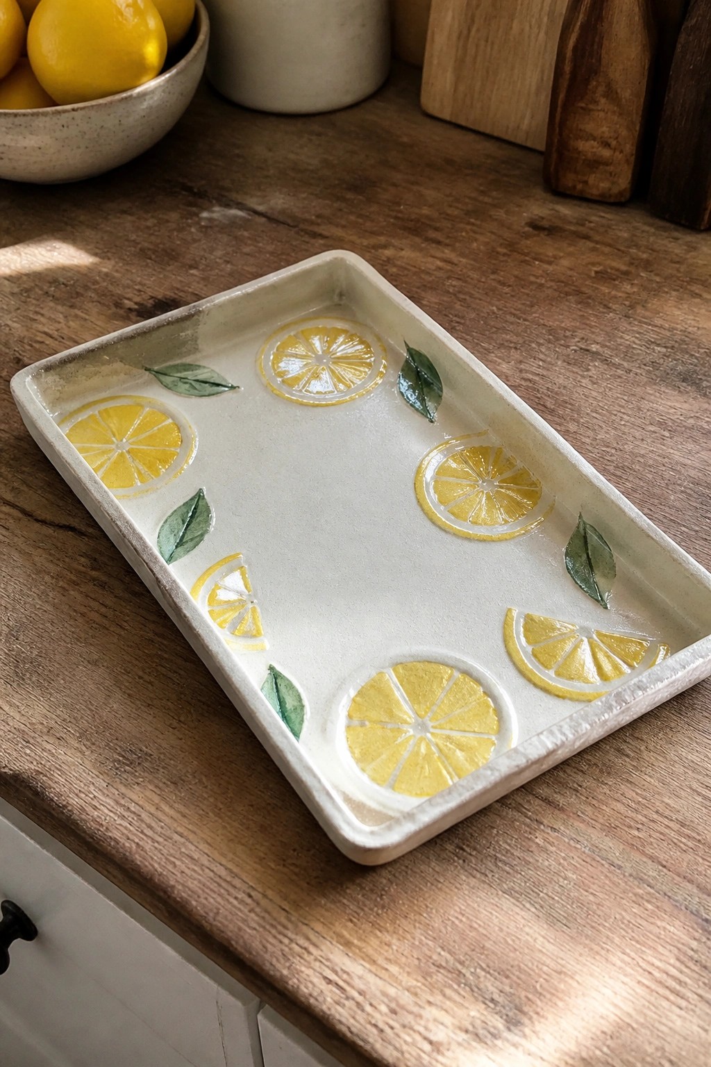White ceramic tray with yellow lemon slices and green leaves on wooden counter.