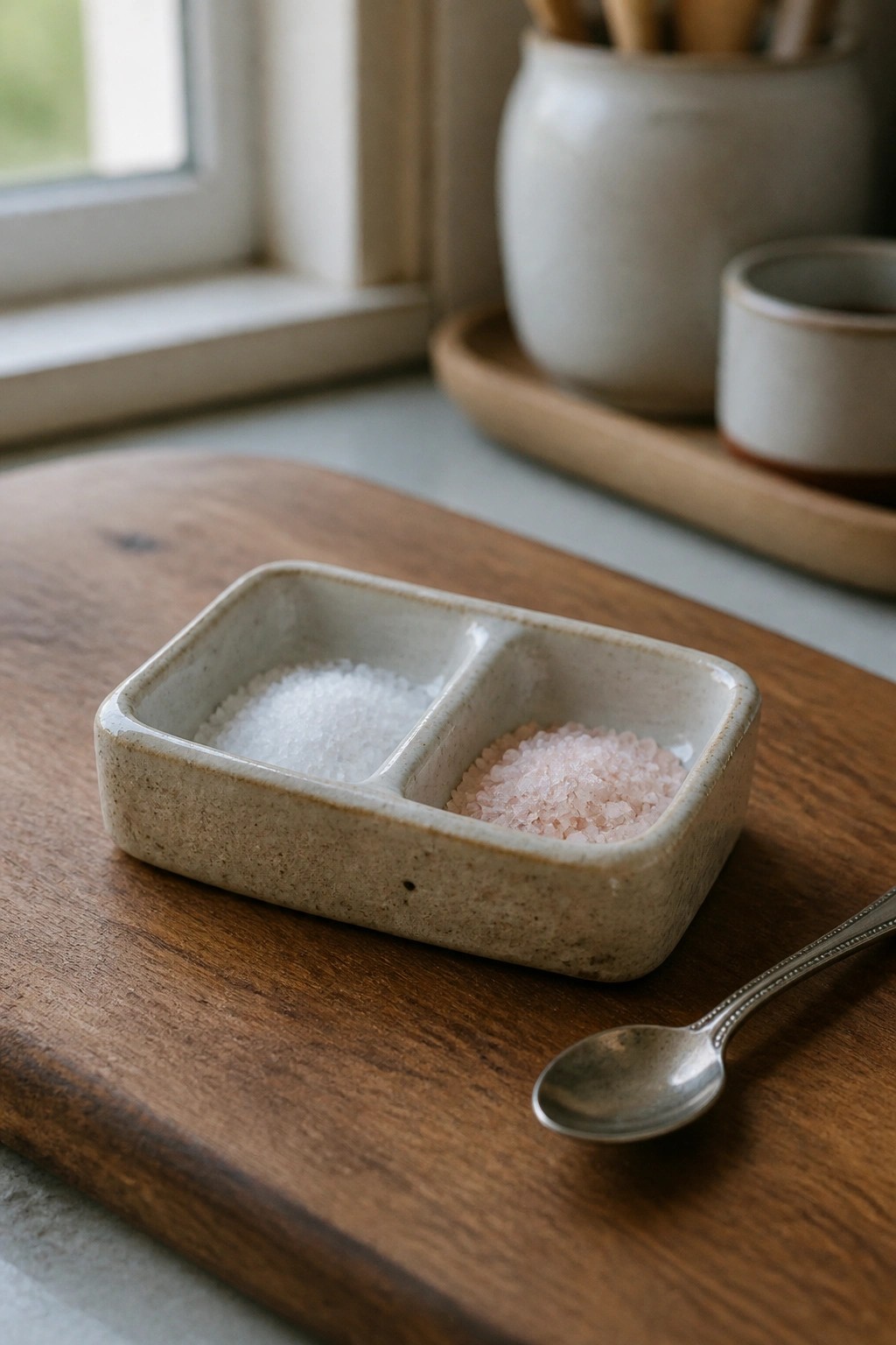 Divided ceramic dish with white and pink salt on wooden board beside metal spoon